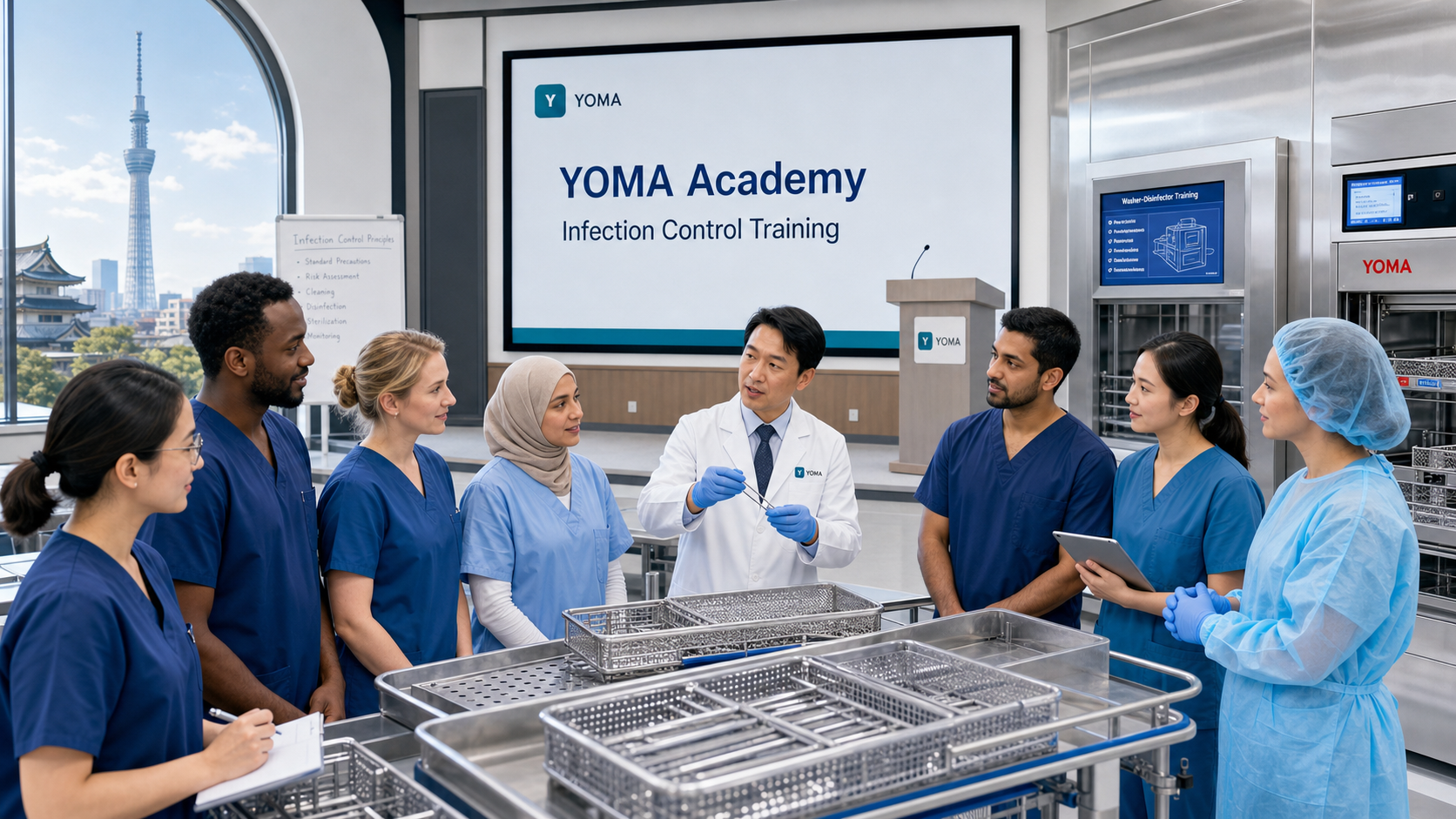 YOMA Academy infection control training with an international clinical team and Japanese tower view